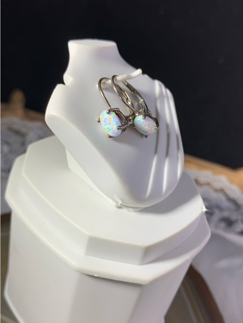 Vintage Sterling Silver Iridescent White Opal Leverback Earrings .